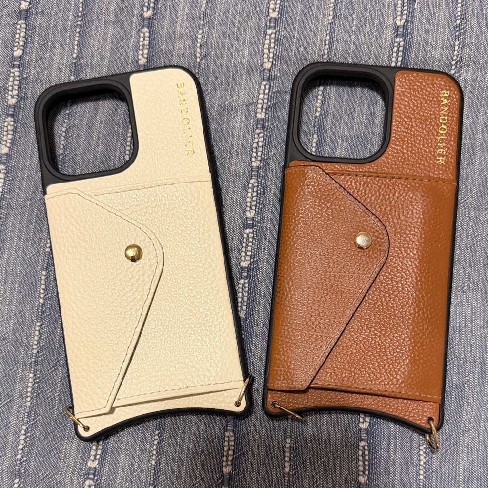 Bandolier Cream and Brown Leather Phone Cases with Gold Accents